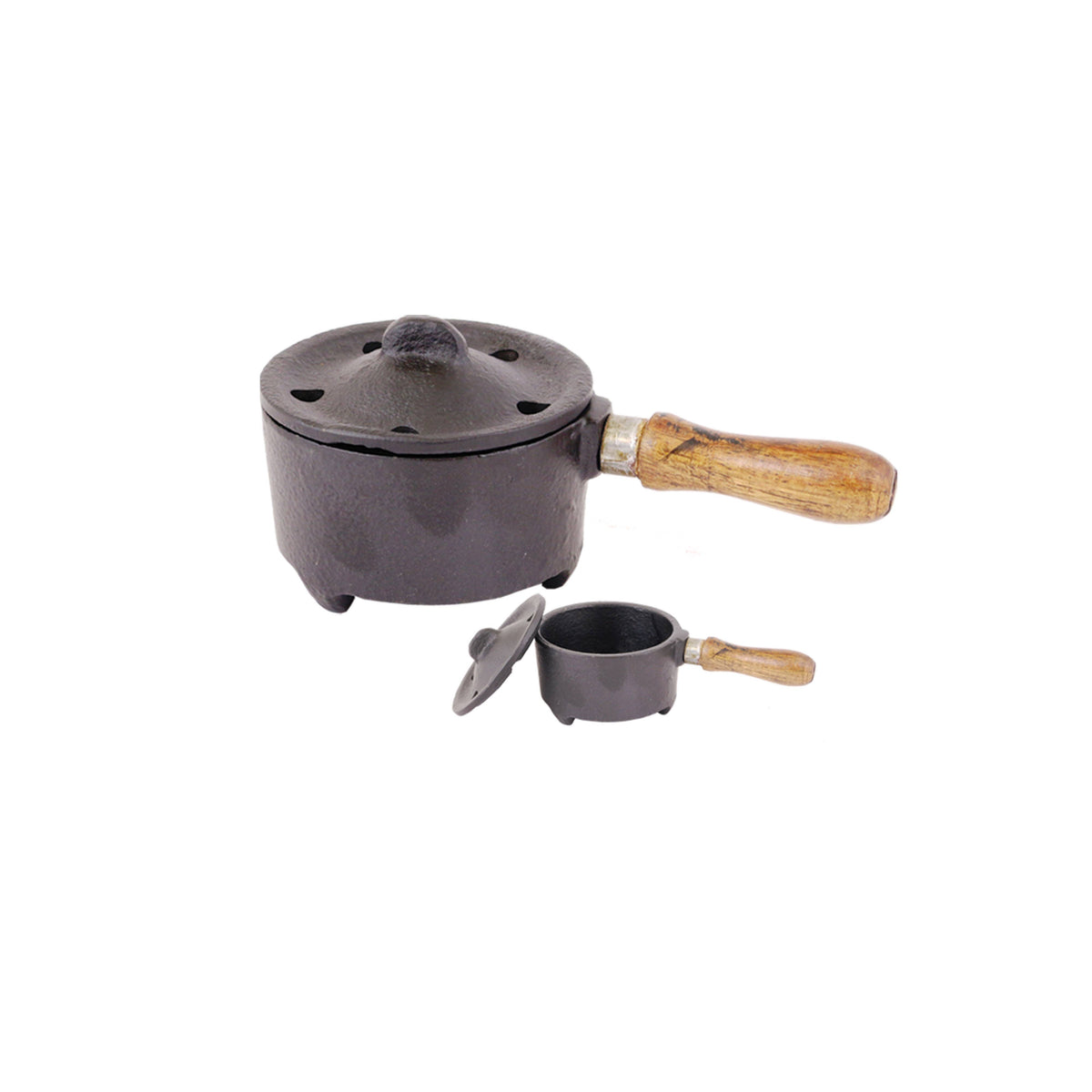 Iron Charcoal Burner with Lid & Wood Handle