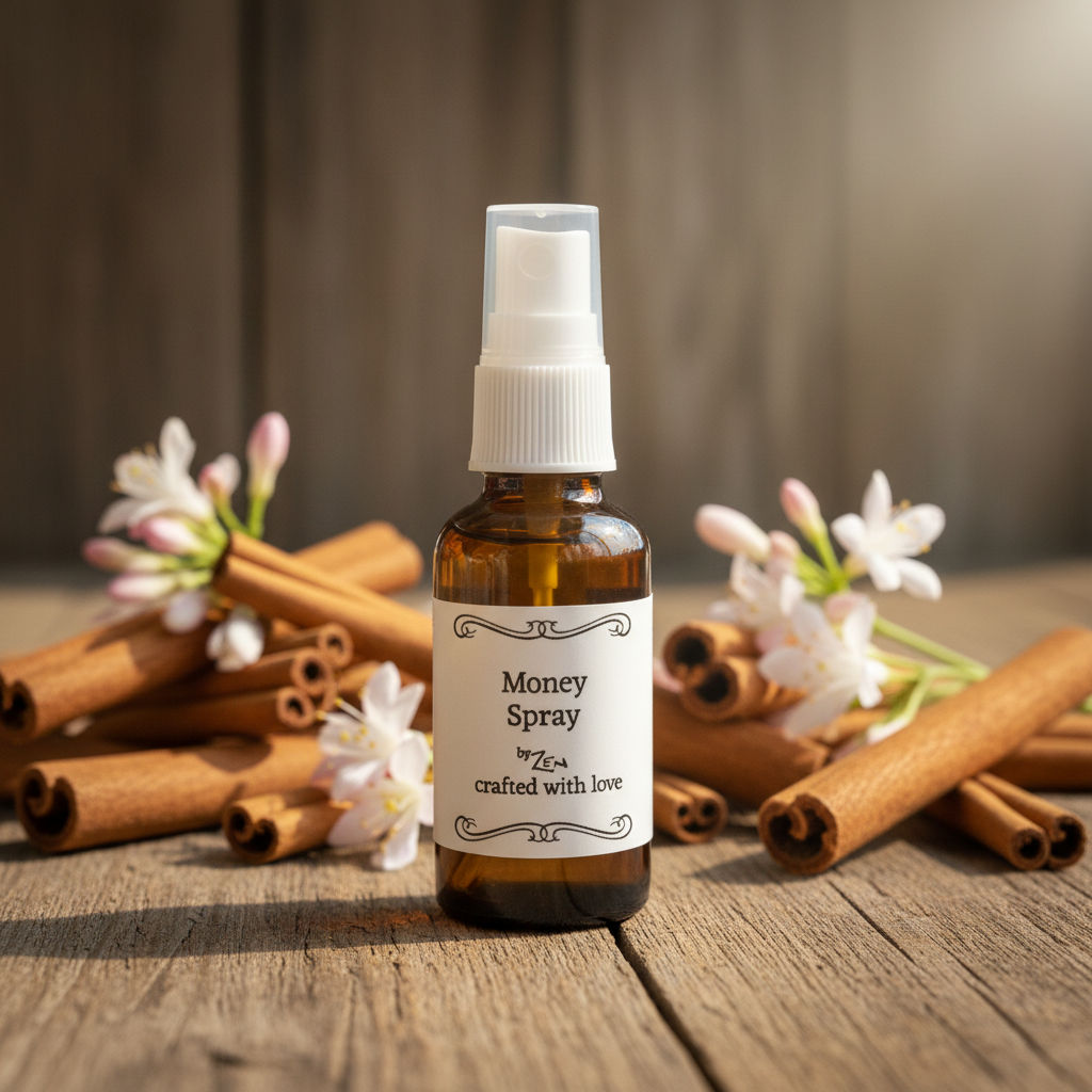 Bottle of 'Money Spray' with a label on a white background