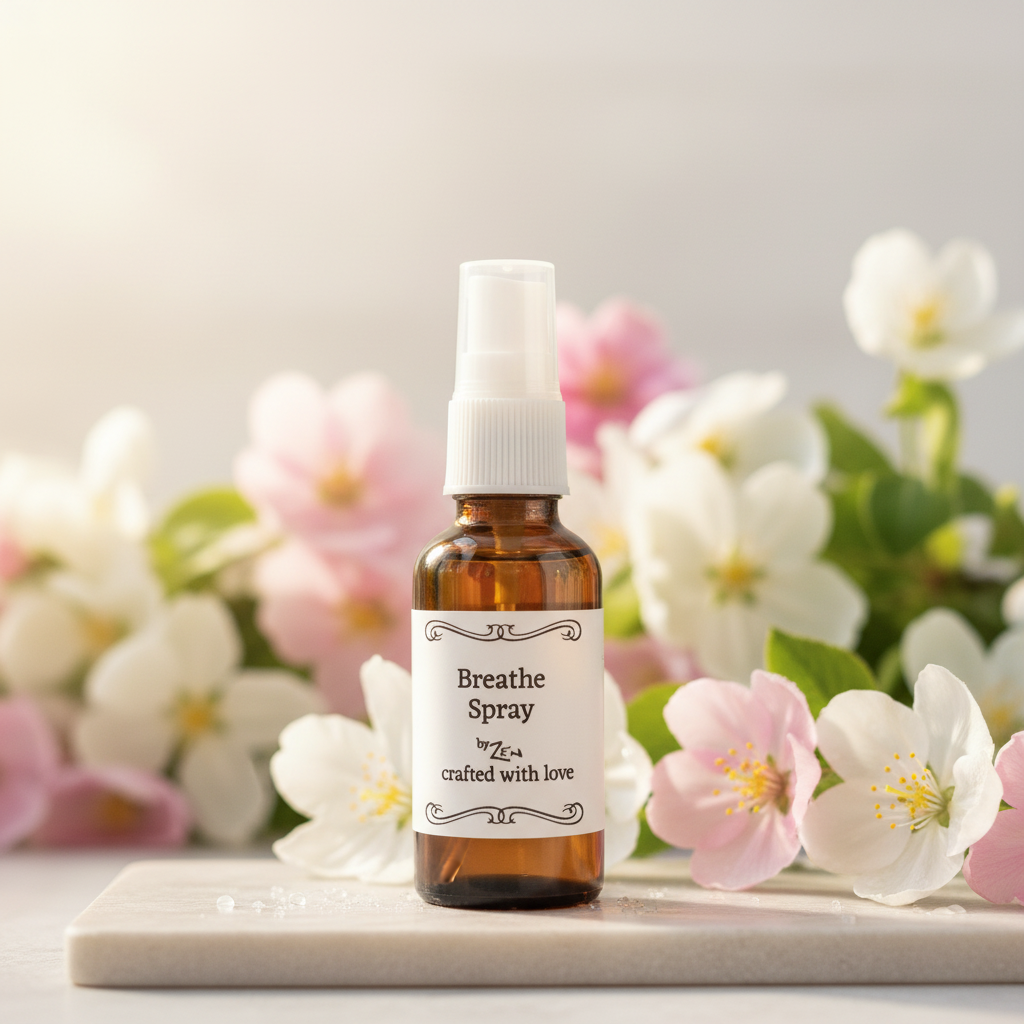 Bottle of Breathe Spray with a white label on a white background