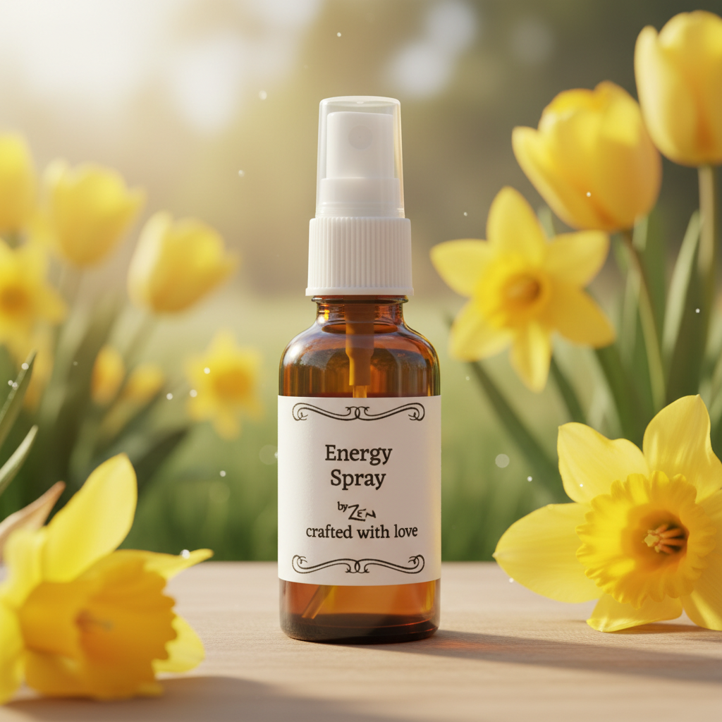 Bottle of energy spray with a white label on a white background
