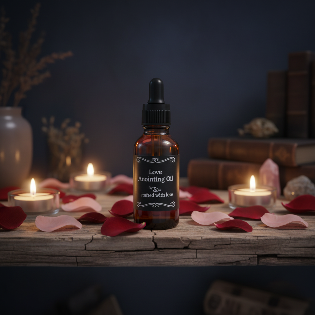 An amber glass dropper bottle of Love Anointing Oil by Zen & A, featuring a black label with white text, set against a plain white background.