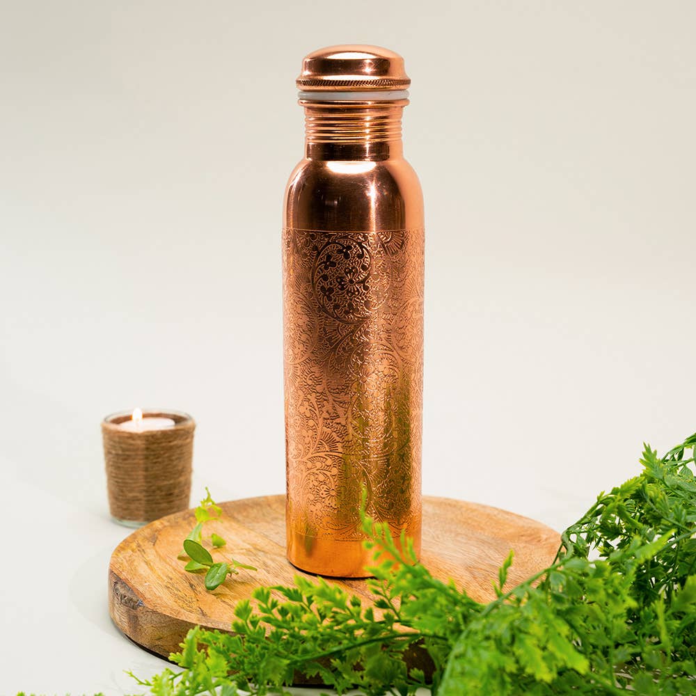 Pure Copper Water Bottle (Flower Pattern, 950 ml)