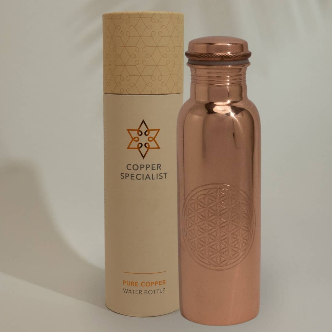 Pure Copper Water Bottle (Flower of Life, Smooth, 750ml)