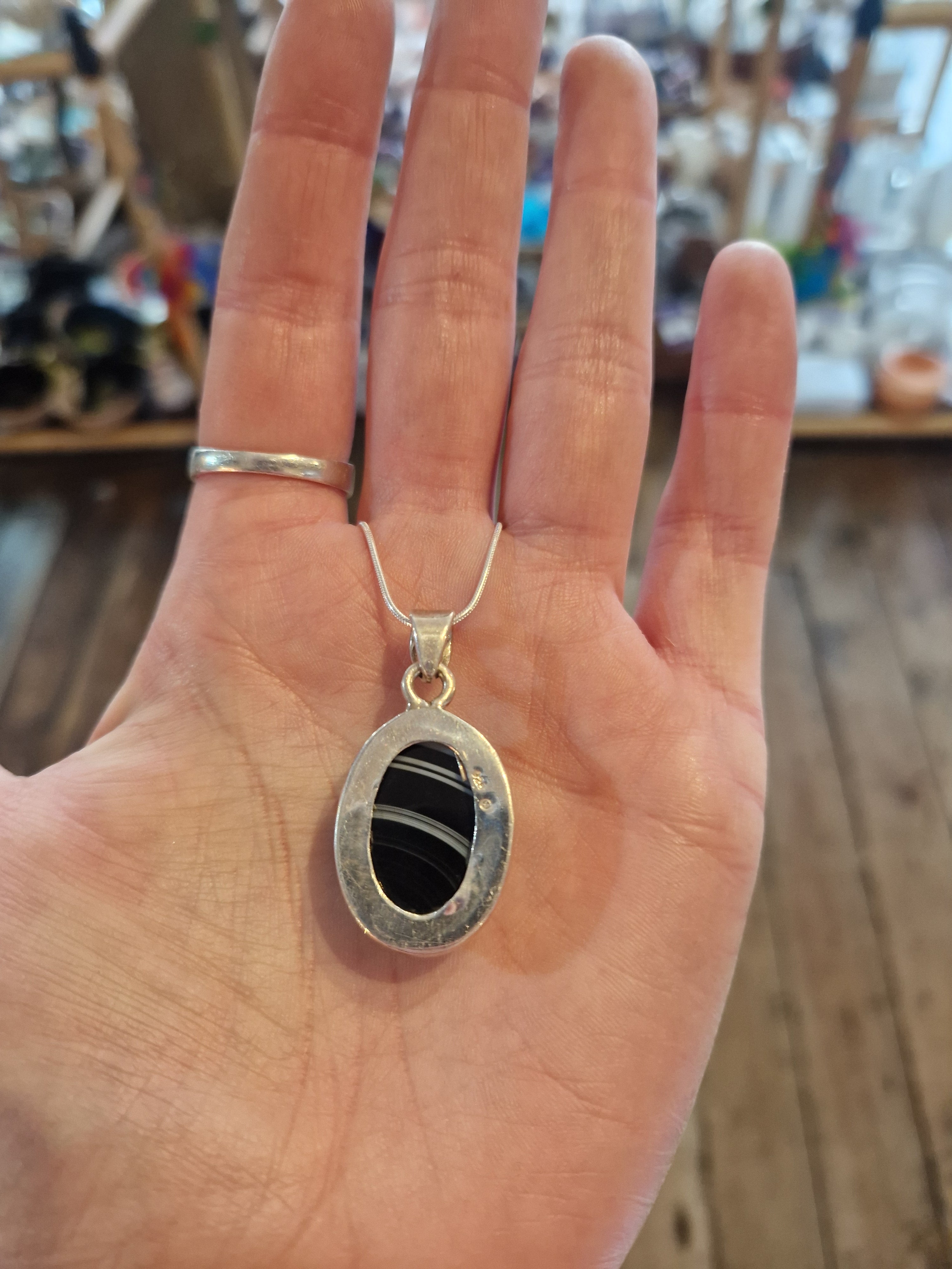 Black Banded Agate Silver Necklace