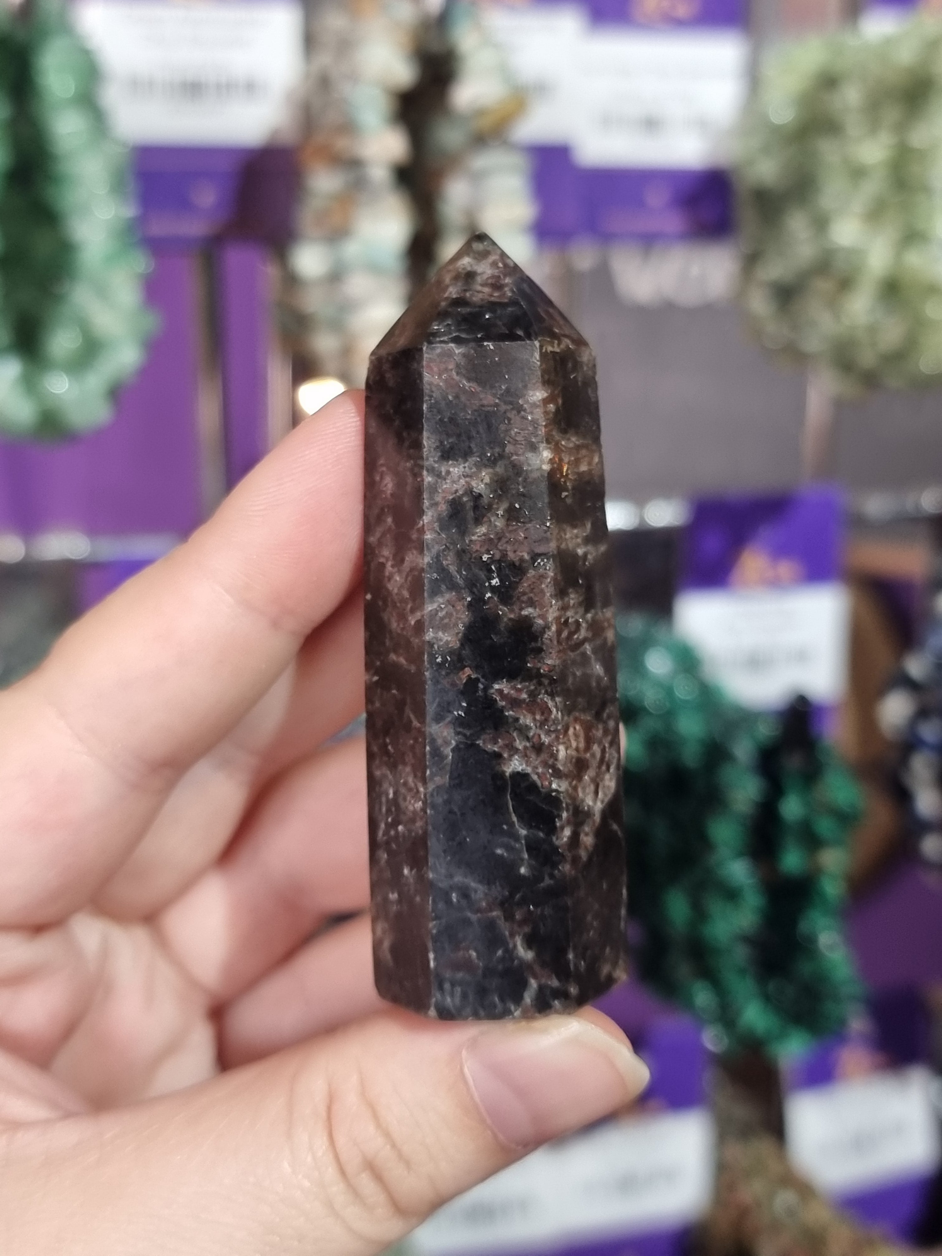 Hand holding a brown crystal point with a blurred background of greenery and purple elements.