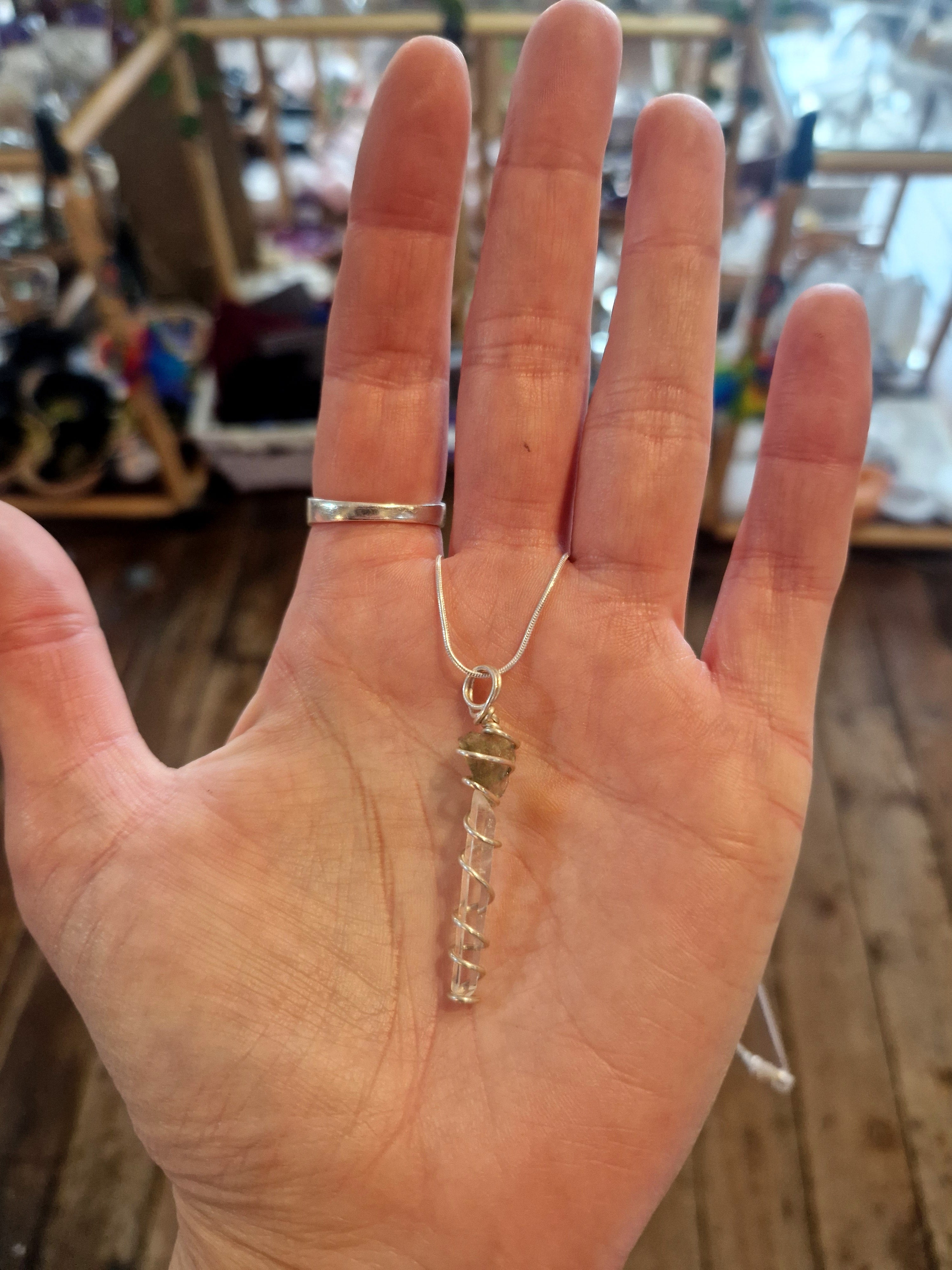 Moldavite & Lemurian Quartz Silver Necklace