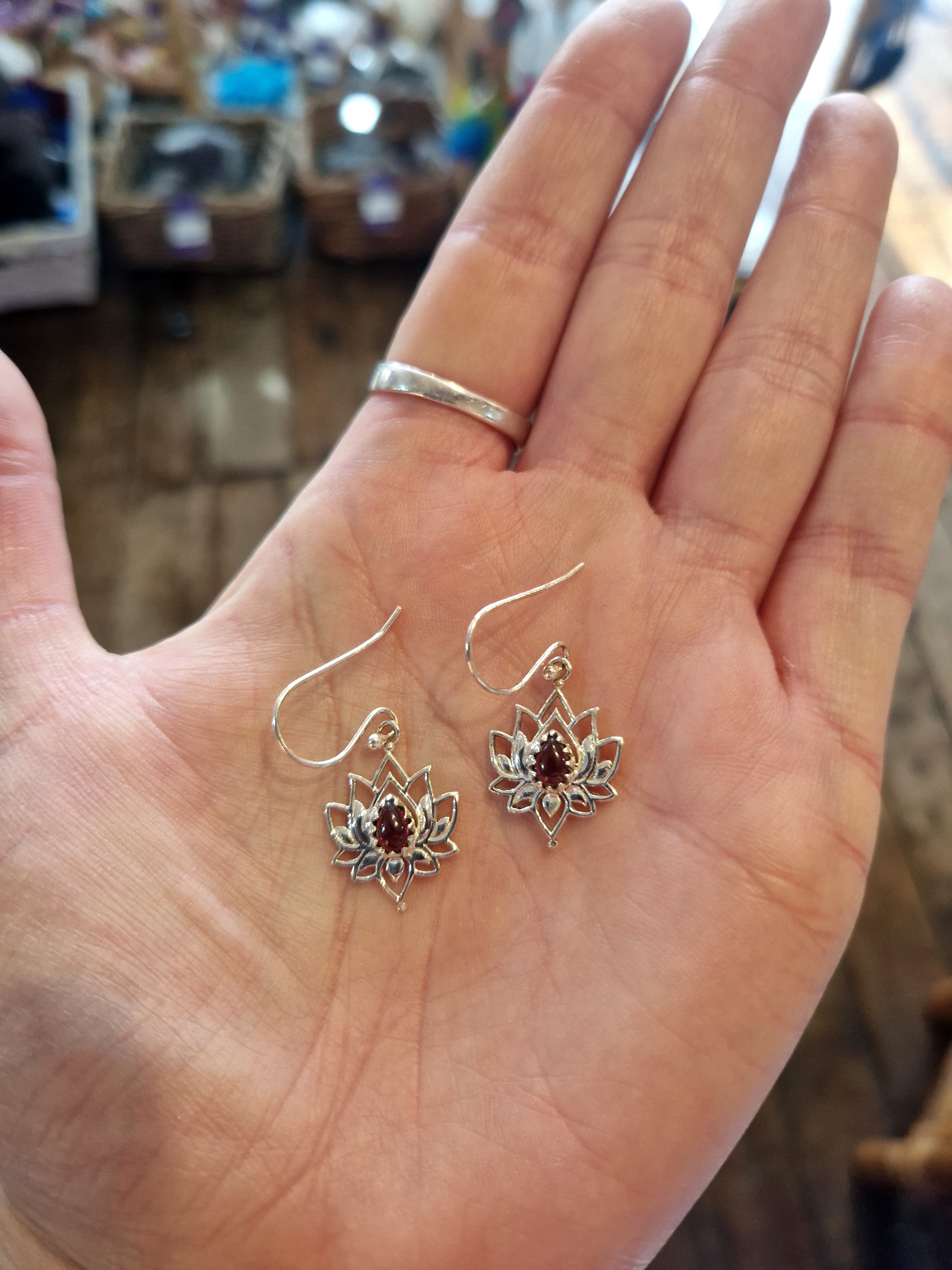 Garnet Lotus Silver Earrings
